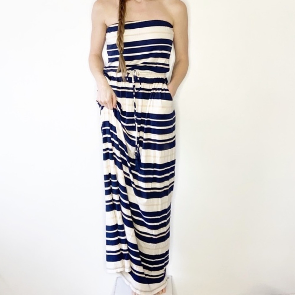 Anthropologie Antibes Blanc • XS • Striped Strapless Nautical Maxi Dress Blue